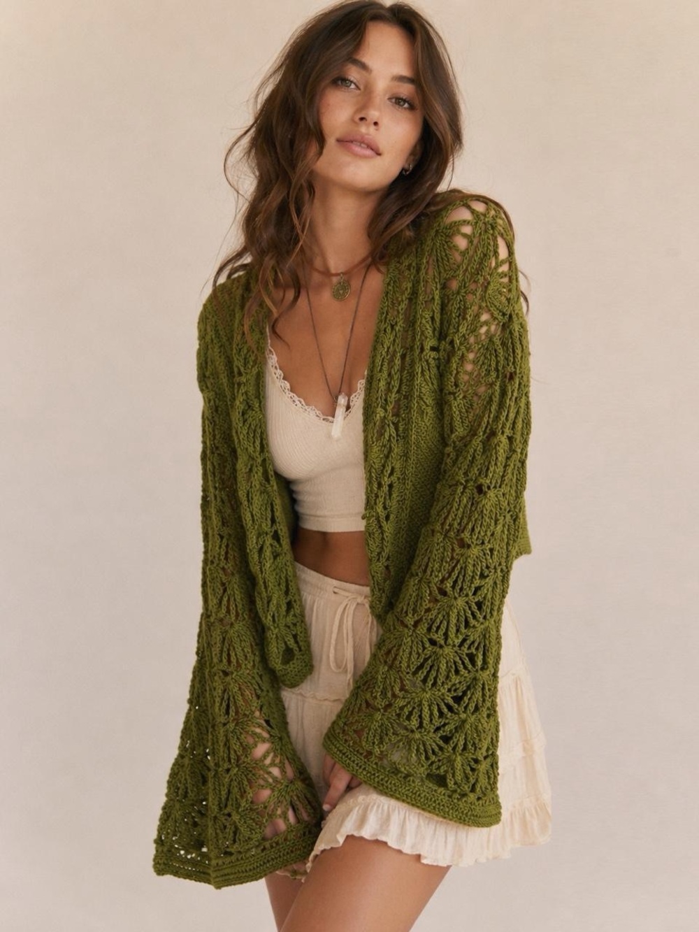 Handmade Olive Green Knit Cardigan Boho Cottagecore Bell Sleeve One Size Fairy